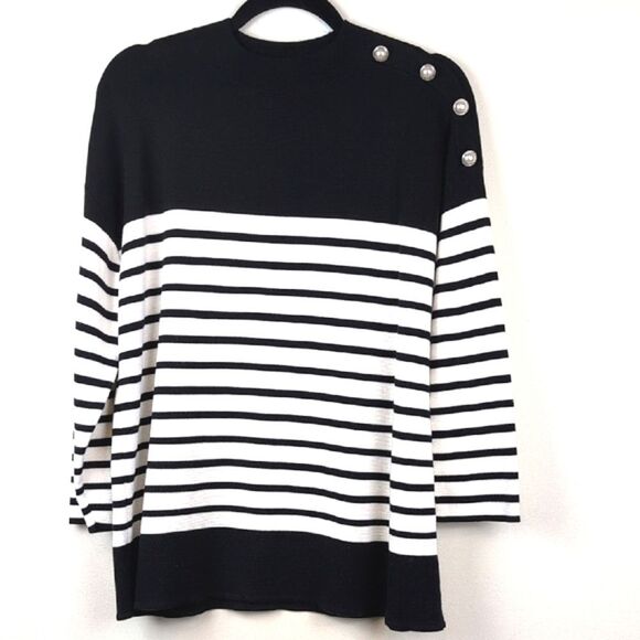 Talbot's Mock Neck Striped Black and White Pearl Button-Shoulder Sweater Size XL - Picture 10 of 10